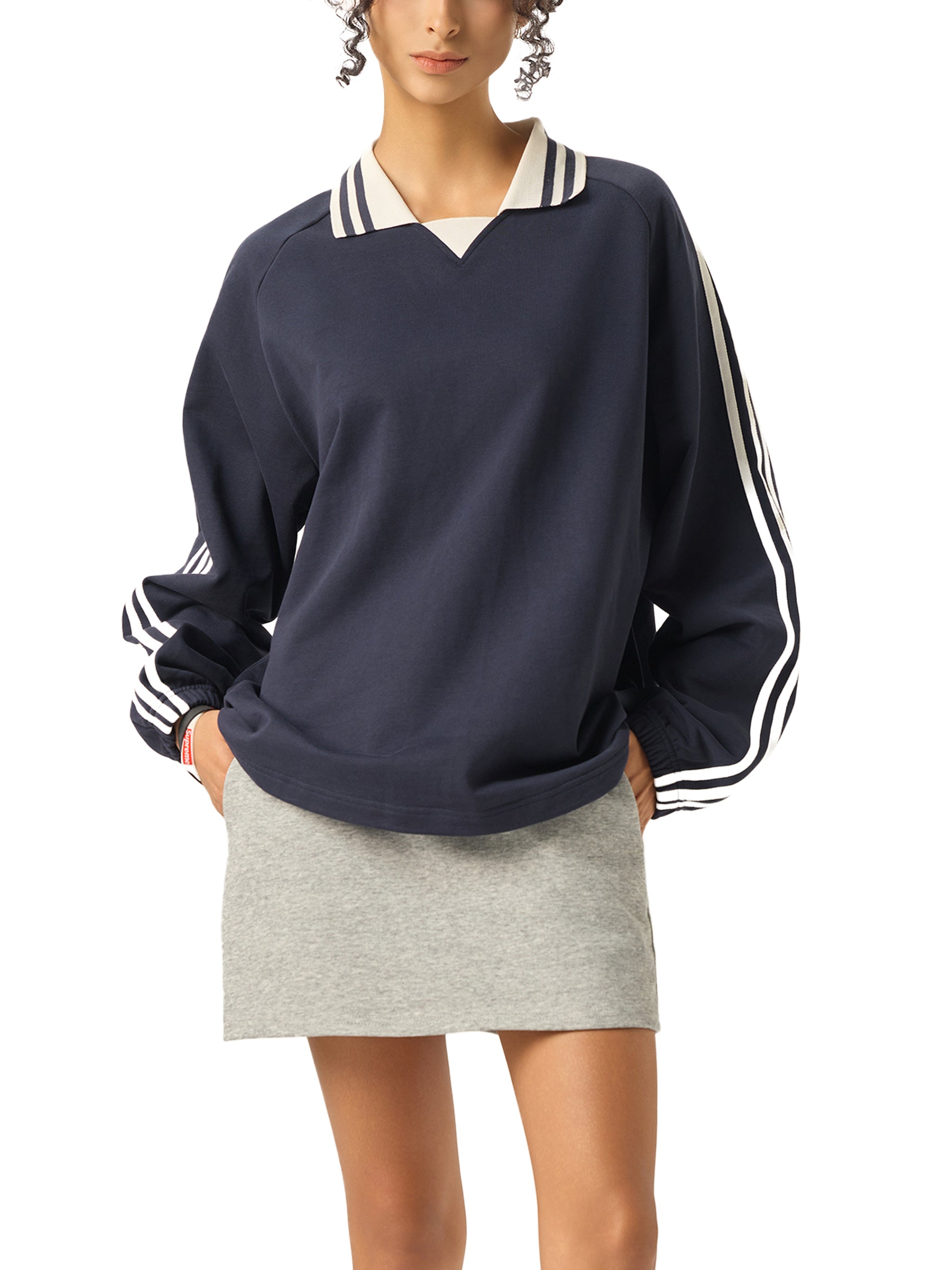 EVERYDAY Contrast Striped Lapel Collar Sweatshirt
