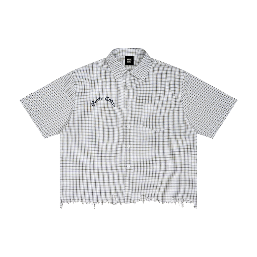 Unisex Distressed Plaid Boxy Shirt