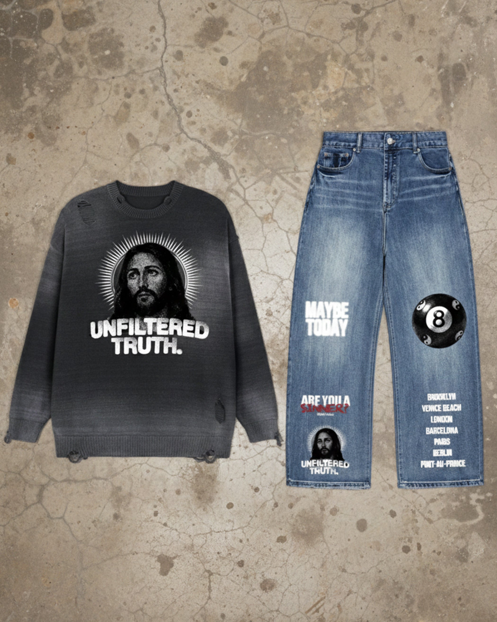 Unfiltered Truth Sun Fade Distressed Ripped Crewneck sweater
