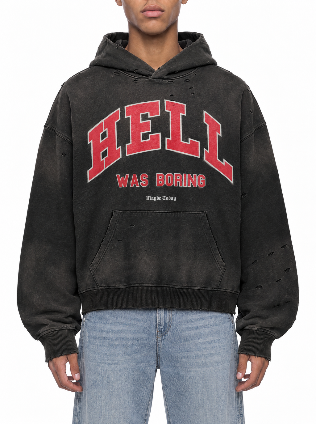 Hell Was Boring Distressed Hoodie on model, front